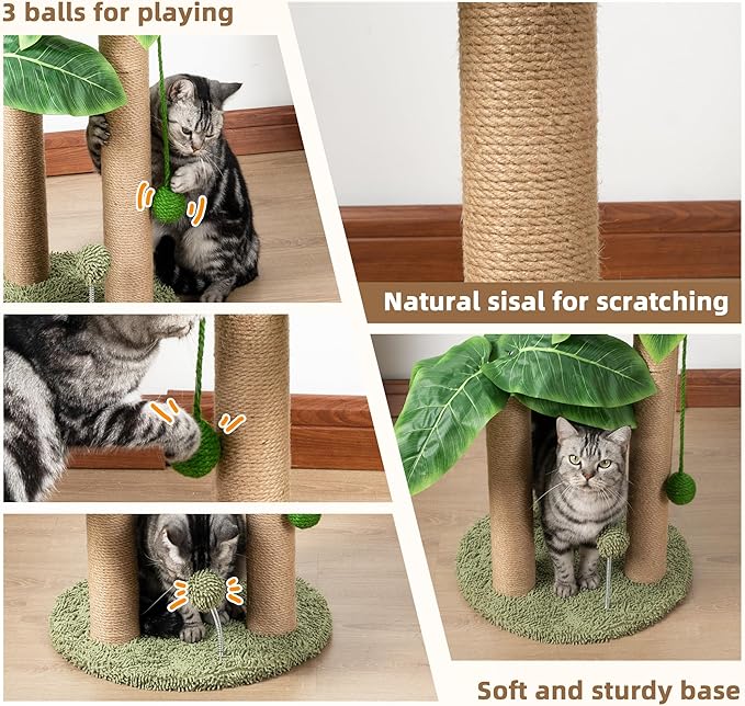 Cat Scratching Post 31.5" Palm Tree Cute Cat Tree Scratching Poles Sisal Hanging Balls Cat Scratcher for Kitten and Adult Cats