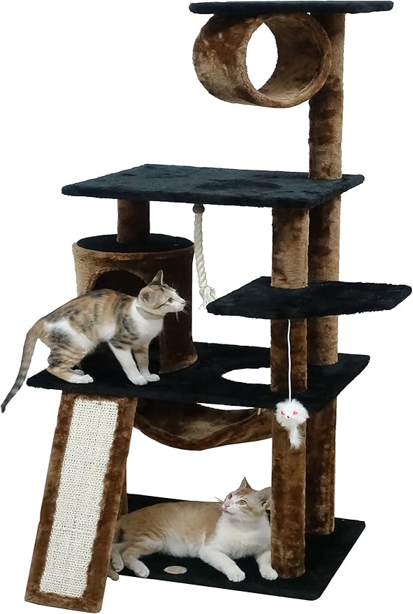 Go Pet Club Everyday Value 53in Cat Tree Kitty Tower Kitten Scratcher Condo House Furniture with Hammock and Tunnel Indoor Cat Activity Center, Brown/Black