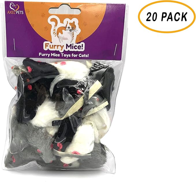 20 Furry Mice with Catnip and Rattle Sound Made of Real Rabbit Fur Interactive Catch Play Mouse Toy for Cat, Pack of 20 Mice