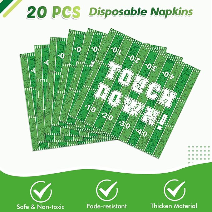 41Pcs Football Birthday Party Decorations, Green Touch Down Luncheon Napkins, 7" Round Paper Plates, Football Tablecloth, Serve 20