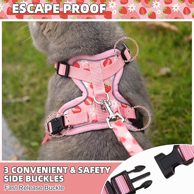 KOOLTAIL Cat Harness and Leash Set, Escape Proof for Safe Walking & Travel, Reflective Comfortable Easy Control Adjustable Kitten Harness for Boys&Girls Small Medium Large Cats Strawberry M