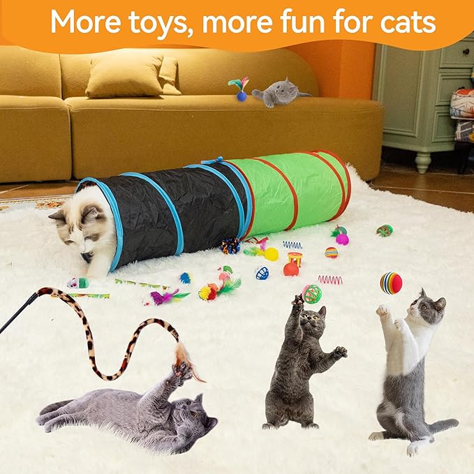 23PCS Assortment of Cat Toys -Foldable Spiral Cat Tunnel,Cat Spring,Mice,Cat Interactive Feather Teaser Wand Ball Toy, Colorful Balls & Bells for Kittens, Cats, and Puppies!