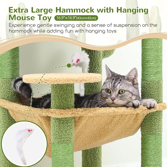 F49C Cactus Cat Tower for Indoor Cats, Cactus Series 49inch Cat Climbing Tower Cat Tree with Hammock, Scratching Post, Large Cat Condo House, Cactus Green