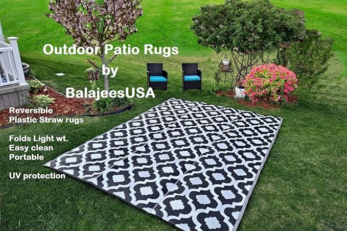 BalajeesUSA rv mats Outdoor Rug – 9x12, Black Reversible Recycled Plastic Straw Outdoor Patio Rugs Clearance Waterproof Large RV Camper Mats 514