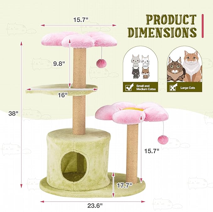 Erinnyees Flower Cat Tree, 38" Cat Tower with Scratching Post, Cute Cat Condo House with Dangling Ball for Kittens and Small Indoor Cats, Multi-Level Pet Play Climbing Stand