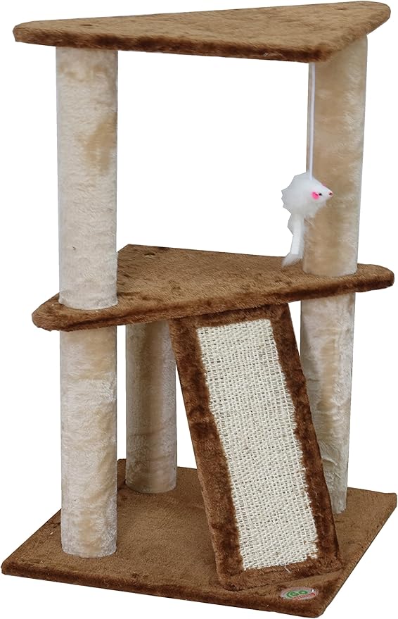 Go Pet Club Everyday Value 35in Corner Cat Tree Kitty Scratcher Tower Kitten Condo House Furniture with Scratching Board & Hanging Toys for Indoor Cats, Beige/Brown