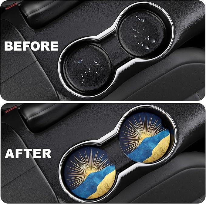 2 Pack Car Cup Holder Coaster, 2.63 inch Anti Slip Insert Absorbent Ceramic Car Coaster with Cork Base and Finger Notch, Cute Car Accessories Interior for Women, Cute Car Coasters., Rays