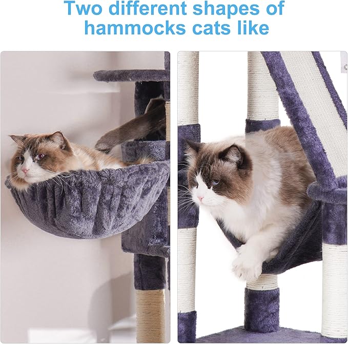 Hey-brother Cat Tree, 61 inch Cat Tower for Indoor Cats, Cat House with Padded Platform Bed, Toy Balls, Large Cozy Condo, Hammocks and Sisal Scratching Posts, Smoky Gray MPJ019G