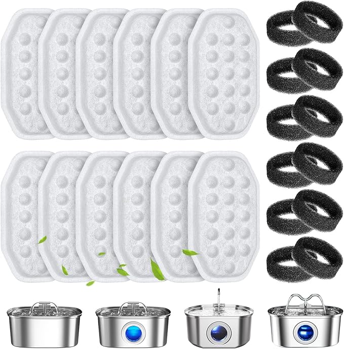 24 Pcs Cat Water Fountain Filters Replacement & Pre-Filter Sponges for 108oz/3.2 Stainless Steel Pet Water Fountain with Water Level Window