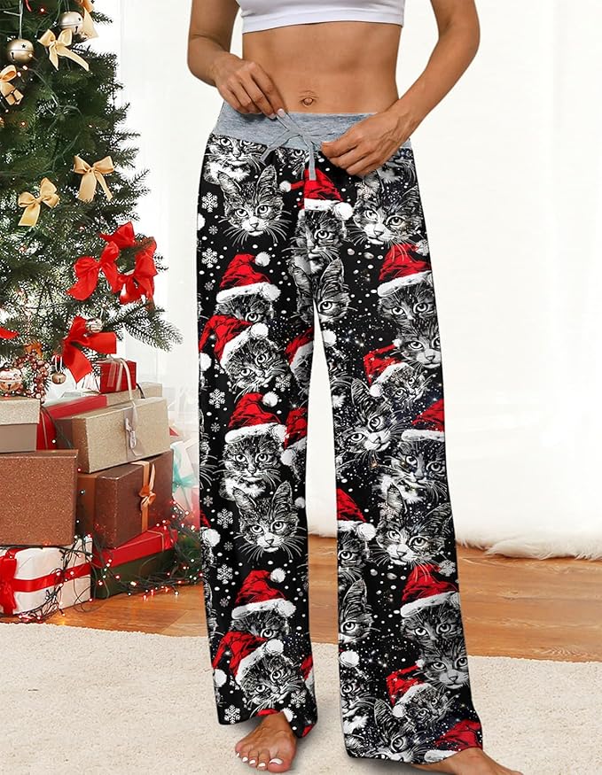 ALISISTER Christmas Womens Pajama Pants Casual Comfy Sleepwear Wide Leg Drawstring Bottoms