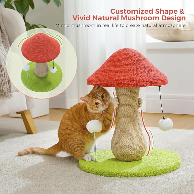 PETEPELA Mushroom Cat Scratching Post, Cat Scratcher Cute with 100% Sisal Covered Scratching Post & Pompoms Cat Toy, Mushroom Cat Post for Indoor Cats