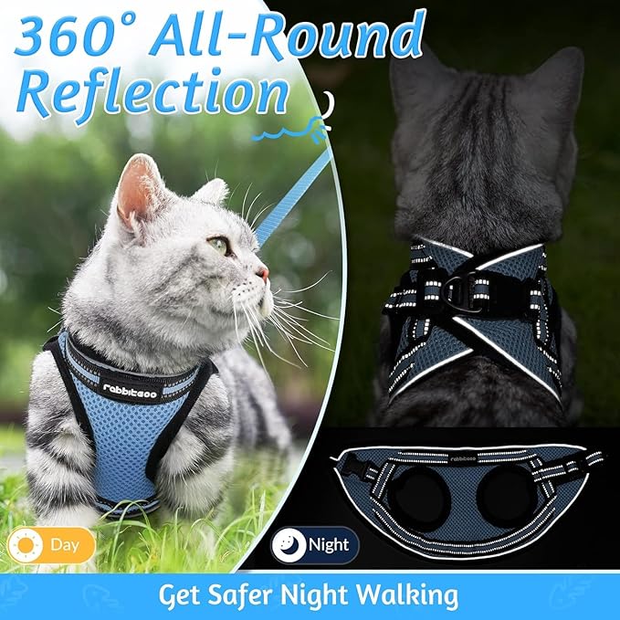 rabbitgoo Cat Harness and Leash Set for Walking Escape Proof, Adjustable Soft Kittens Vest with Reflective Strip for Cats, Comfortable Outdoor Vest, Light Blue, XL