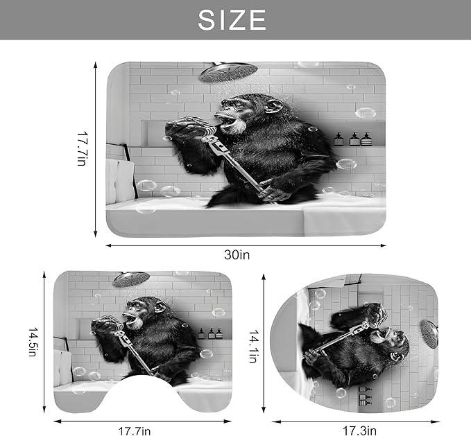 4Pcs Funny Monkey Shower Curtain Set with Non-Slip Rugs, Toilet Lid Cover and Bath Mat, Black White Animal Chimpanzee Singing in Bathtub Men Bathroom Set with 12 Hooks, Modern Cool Bath Decor