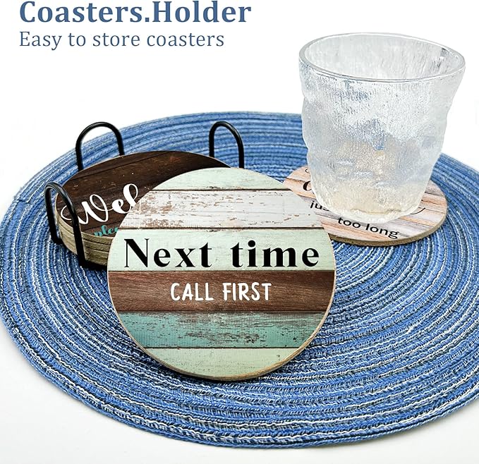 6 PCS Sarcastic Absorbent Cork Coasters for Drinks,Farmhouse Bar for Drinks with Holder,Funny Coasters to Protect Your Coffee Table,Gift for New Home Housewarming Bar Decor