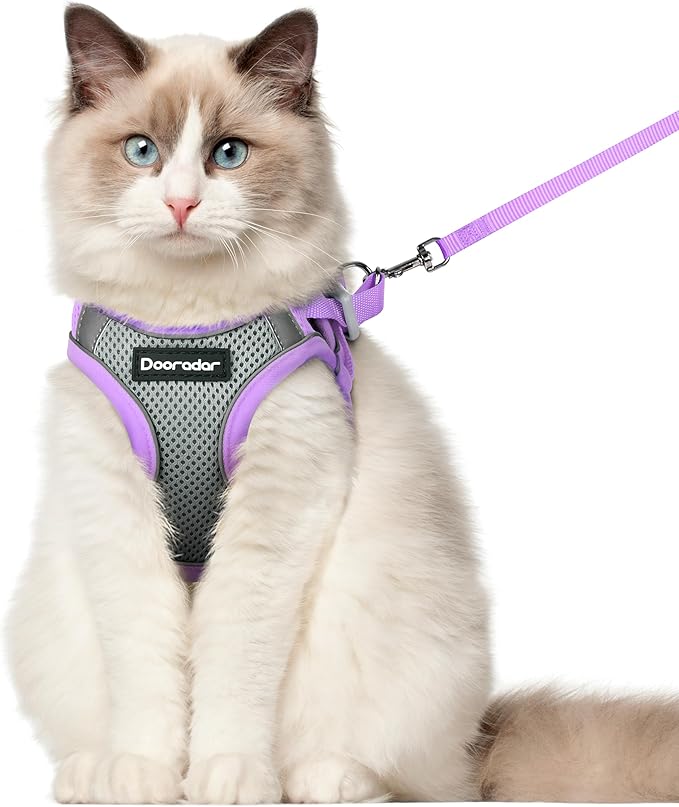 Dooradar Cat Harness and Leash Set, Escape Proof Lightweight Kitten Harness, Soft Breathable Reflective Vest for Outdoor Walking Traveling, Adjustable for Large Cats, Grey & Purple, L
