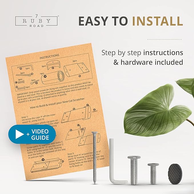 7 Ruby Road Wall Mounted Cat Scratching Post - Wall Mount Wooden Sisal Cat Scratcher & Vertical Scratch Pad (Replaceable) - Modern Cat Wall Furniture for Indoor Cats or Kittens (29.5 x 6 in)