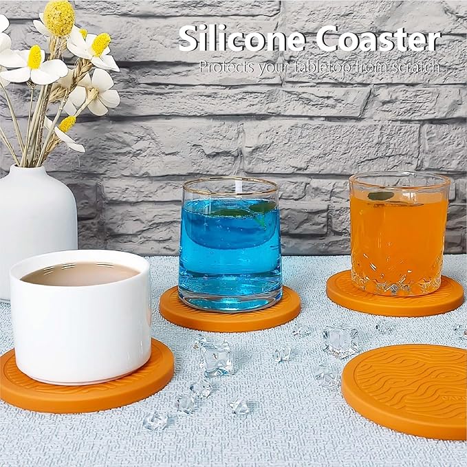 6-Pack Terazzo Silicone Coasters with Deep Tray Holder - Double-Sided Drink Coasters - Beverage Mats for Hot or Cold Drinks - Thick, Non-Slip, Non-Stick Silicone with Ceramic Insert
