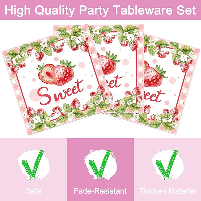 96 Pcs Strawberry Plates and Napkins Party Supplies, Disposable Forks Summer Fruit Paper Dessert Tableware Decorations Birthday Table Dinnerware Favors Set, Serves 24
