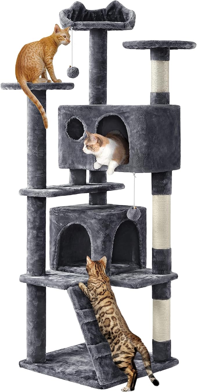 Yaheetech 62in Cat Tree Cat Tower for Indoor Cats, Cat Furniture w/Double Cat Condo, Scratching Posts, Multiple Platforms and Balls for Kittens & Cats, Dark Gray