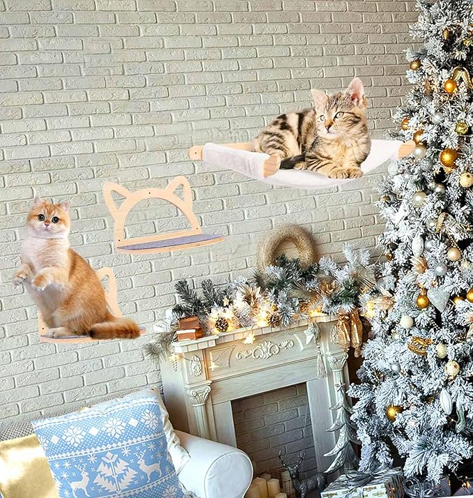 Defined Deco Cat Wall Shelves, Wall Mounted Cat Shelves and Perches with XXL Cat Hammock and 2 Cat Climbing Steps, Cat Furniture with Scratching Climbing Mat for Playing, Sleeping, and Lounging