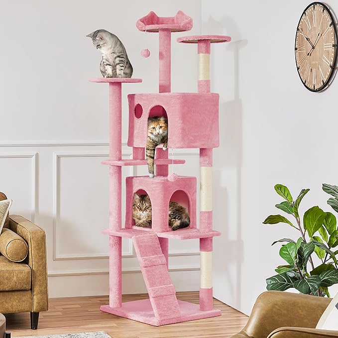 Yaheetech XL Cat Tree, 80in Multi-Level Cat Tower w/Cat Scratching Posts, Double Cat Condo, Perched Platforms and Dangling Balls, Cat Activity Center for Kittens Pets, Pink
