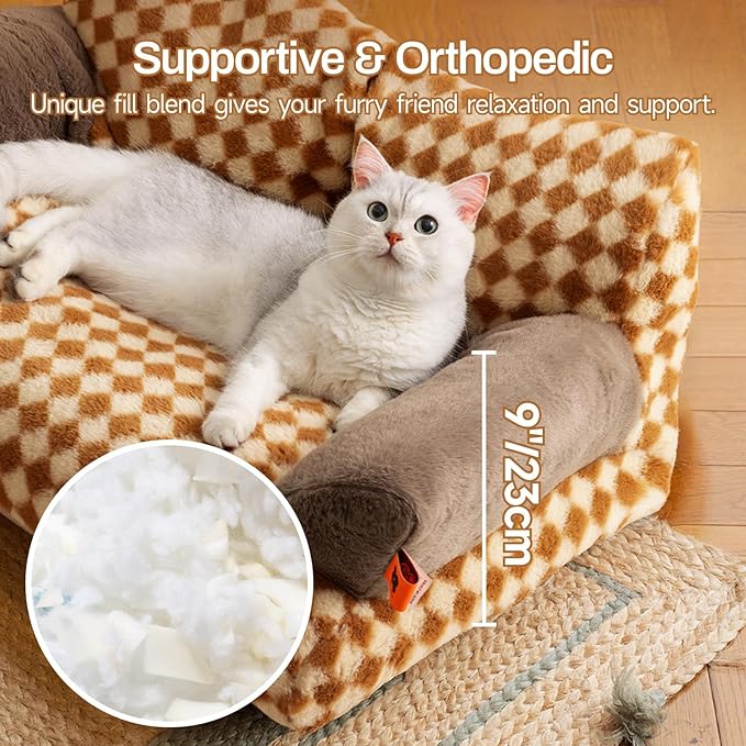 MEWOOFUN Cat Couch Bed for Indoor Cats, Washable Small Dog Beds for Medium Small Dogs & Cats up to 25 lbs, Fluffy Pet Beds with Non-Slip Bottom, 26×19×13 Inch (Brown)