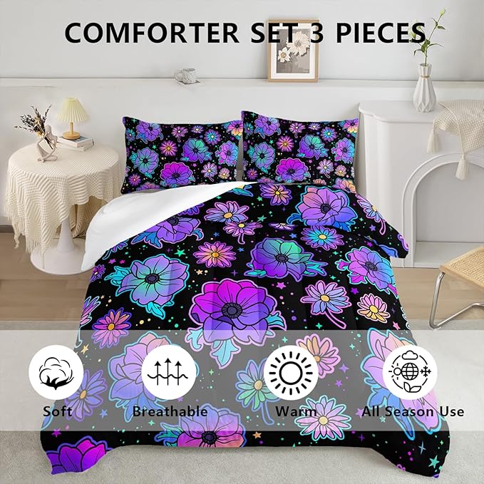 Axolotl Neon Floral Bedding Set Queen,Gradient Floral Comforter Set for Girls,Colorful Flower Bedding Set Stars,Galaxy Series Comforter for Kids Boys Girls Teens Adults,1 Quilt 2 Pillowcases,Black