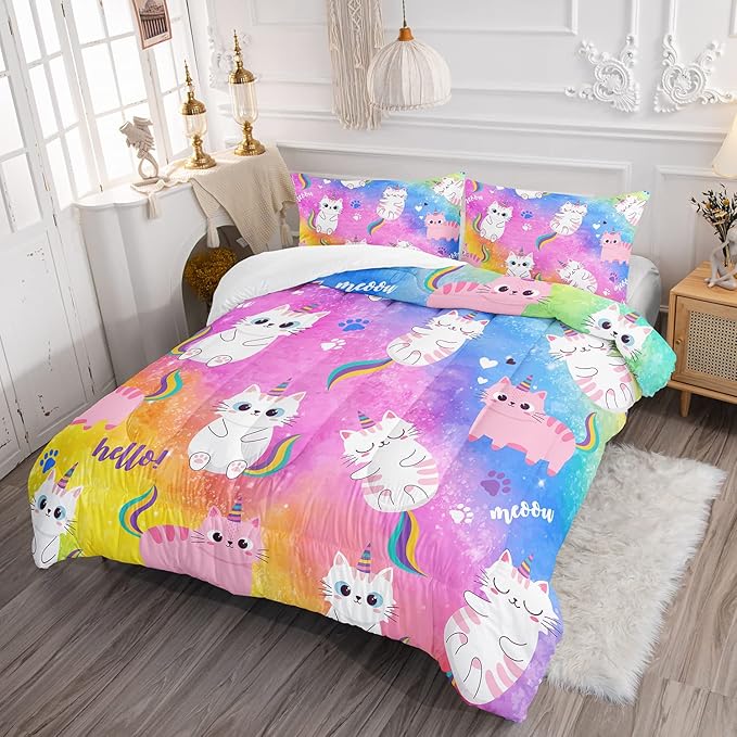 Axolotl Cat Bedding Queen Cartoon Cat Comforter Set,Rainbow Printed Kids Bedding Set for Girls Kids Adults Teens,Kids Comforter Set All Season,1 Quilt 2 Pillow Cases,Colorful Pink Blue