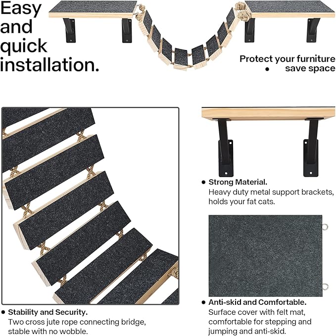 Handcrafted Wood Cat Wall Suspension Bridge - Wall Mounted Cat Shelves, Cat Floating Steps, Cat Wall Perch, Cat Climber Ladder Tree Shelf, Cat Wall Furniture Cat Hammock Bed