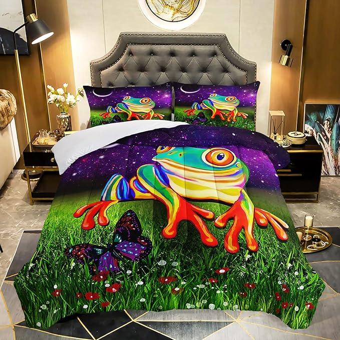 AILONEN Frog Comforter Set, Cartoon Frog Bedding Set Queen Size,Color Tie Dye Quilted Duvet for Teens Boys Kids Girls,Microfiber Fabric,1 Comforter 2 Pillowcases 3 Piece