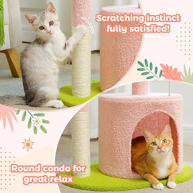 PAWZ Road Flower Cat Tree Pink 32” Small Cat Tower Cat Scratching Post with Curved Perch, Cozy Cat Condo Removable Flower Bed for Kittens and Small Cats-Pink