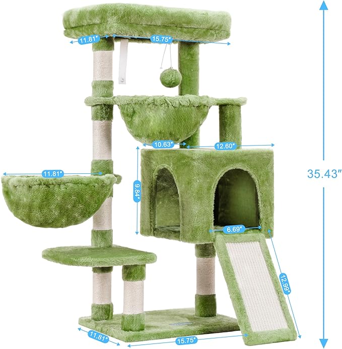 Hey-brother Cat Tree, Cat Tower for Indoor Cats, Cat House with Large Padded Bed, Cozy Condo, Hammocks, Sisal Scratching Posts, Big Scratcher, Green MPJ006SGR