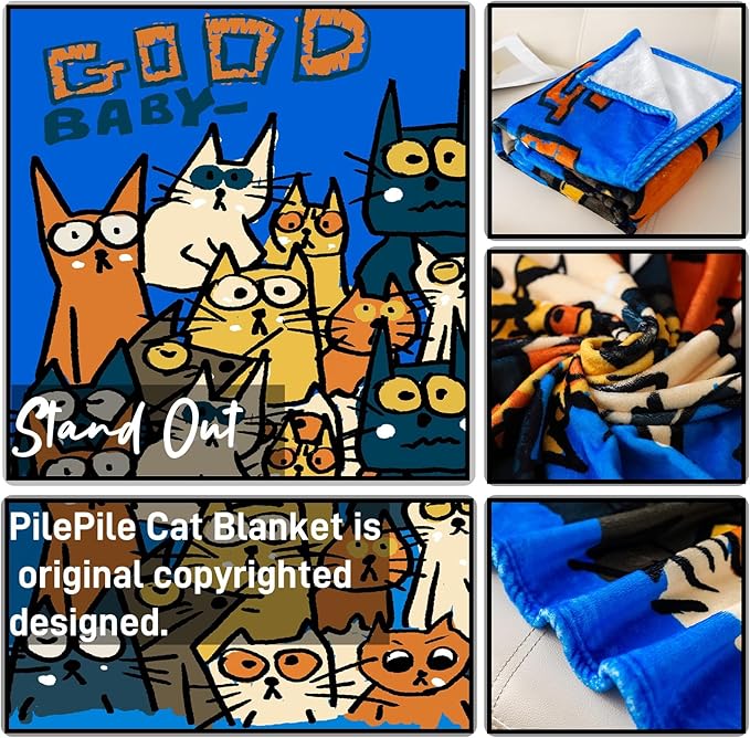 2025 Best Gift Cat Original Designer Throw Blanket, Warm Soft Cute Cat Lover Gifts for Women, Cat Mom Gifts for Cat Lovers, Funny Cat Themed Gifts Blanket for Kids, Birthday Christmas, Blue
