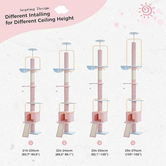 PETEPELA Floor to Ceiling Cat Tree, Cat Tower 5 Tiers Tall (83-108 Inches) Adjustable Height, Cat Climbing Tree Featuring with Cat Condo, Cat Scratching Post and Cat Perches for Indoor Cats, Blue