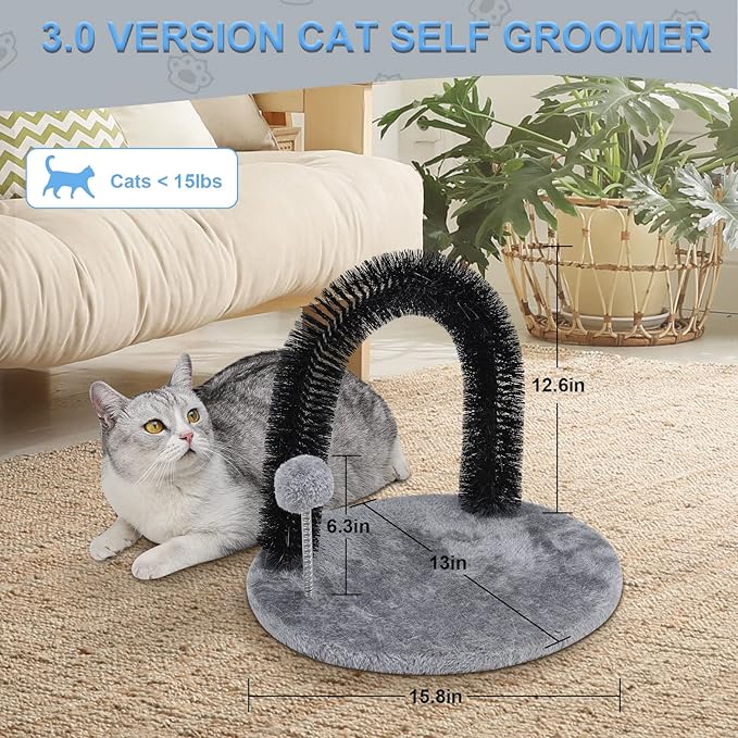 Cat Scratching Post with Cat Arch,Cat Self Groomer Massager Hair Brush Cat Scratcher Toys Fur Grooming Toy with Interactive Balls for Indoor Cats- Reversible Design