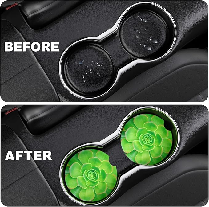 2 Pack Car Cup Holder Coaster, 2.63 inch Anti Slip Insert Absorbent Ceramic Car Coaster with Cork Base and Finger Notch, Cute Car Accessories Interior for Women, Cute Car Coasters., CH0025