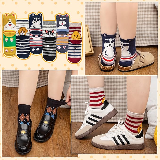 6 Pairs Women's Cute Cat Socks, Funny Novelty Animal Print Crew Cotton Socks Christmas Gifts for Women Girls