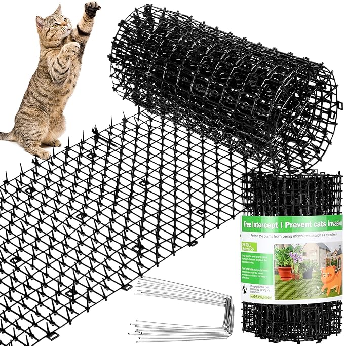 Sanwuta 2 Pcs 26.3 ft Cat Spike Mat Outdoor Cat Deterrent Mat with Spikes Prickle Strips Indoor Dog Digging Deterrent Anti Cats Network Cat Spikes with 10 Staples for Garden Fence (Black)