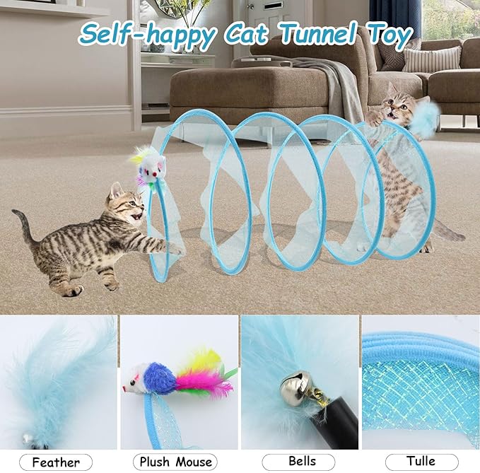 2 Packs Cats Tunnel Toys, Folded Cats Tunnels for Indoor Cats Tubes Played Tunnel Spring, Collapsible Pet Bed, Interactive Toy with Toys Feather Mouse for Kitten Yellow, Blue