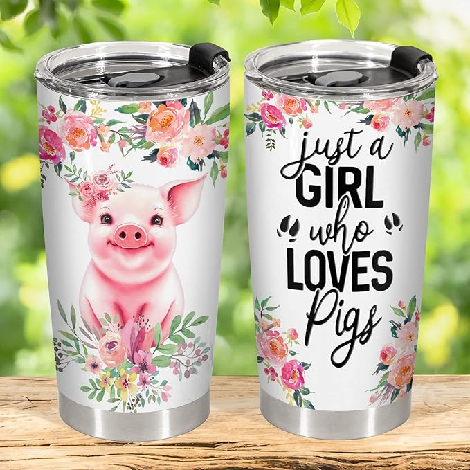34HD Just A Girl Who Loves Pigs Tumbler with Lid, 20oz Stainless Steel Vacuum Insulated Animal Cup, Farm Animal Gifts for Women Girls Sister Daughter, Pig Birthday Gifts