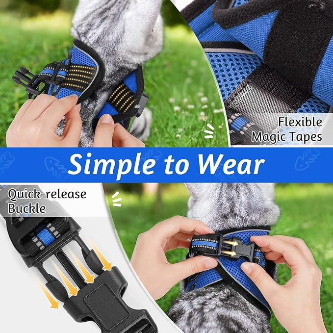 rabbitgoo Cat Harness and Leash Set for Walking Escape Proof, Adjustable Soft Kittens Vest with Reflective Strip for Cats, Comfortable Outdoor Vest, Blue, XL