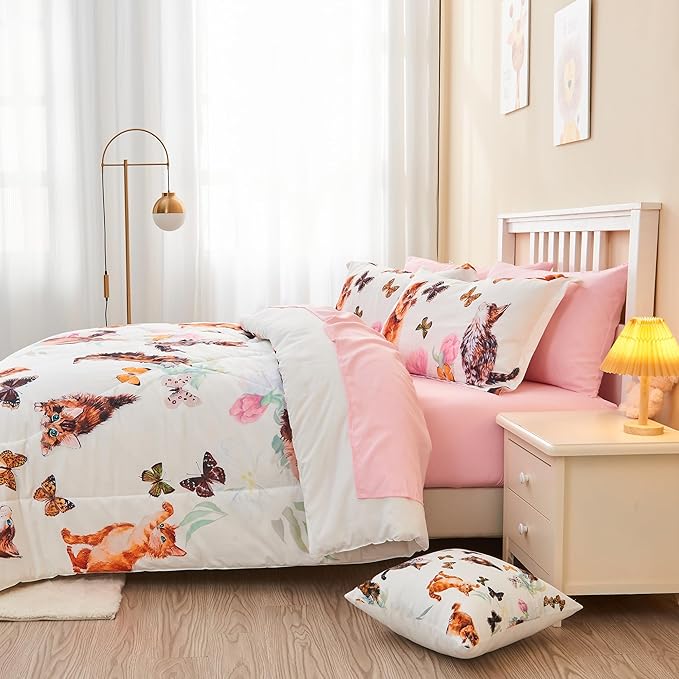 7 Piece Cat Comforter Set Full Size,Kids Girls Bed in A Bag Cute Kitty Butterfly and Flowers Comforter Set for All Season(1 Comforter,2 Pillow Shams,1 Flat Sheet,1 Fitted Sheet,2 Pillowcases)