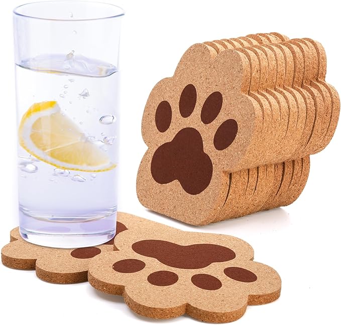 12 Pack Cork Coasters for Drinks, 4.7" Absorbent Cup Mat Set, Heat Resistant Kitchen Coasters, Reusable Cat Paw Shape Table Protection Trivet for Glasses Mugs, Room Decor, Housewarming Gifts