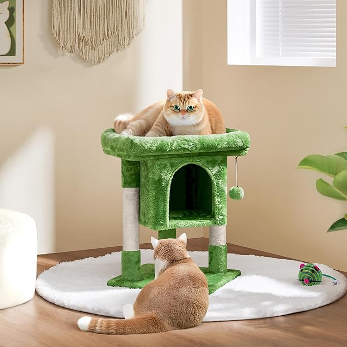 Yaheetech 23.5in Cat Tree, Cute Cat Tower for Indoor Cats with Wide Top Perch, Warm Condo, Sisal Scratching Posts for Large Cats, Green