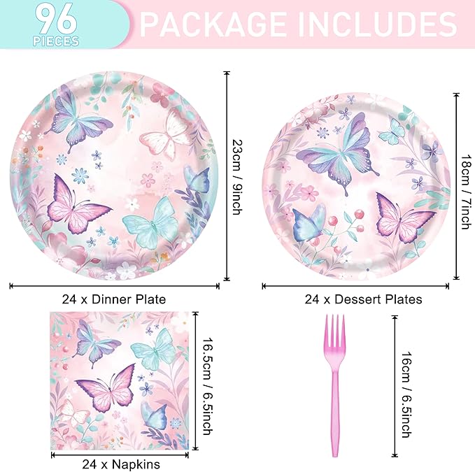 96 Pcs Butterfly Birthday Party Plates Napkins Forks Decorations Tableware Set Supplies Disposable Paper Flower and Butterfly Favors, Serves 24 Guests