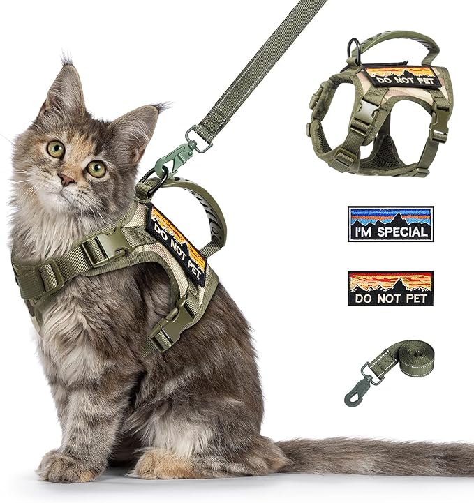 Tactical Cat Harness and Leash for Walking Esacpe Proof,Adjustable Soft Mesh Large Cat Vest with Rubber Handle Easy to Control,Molle Patches