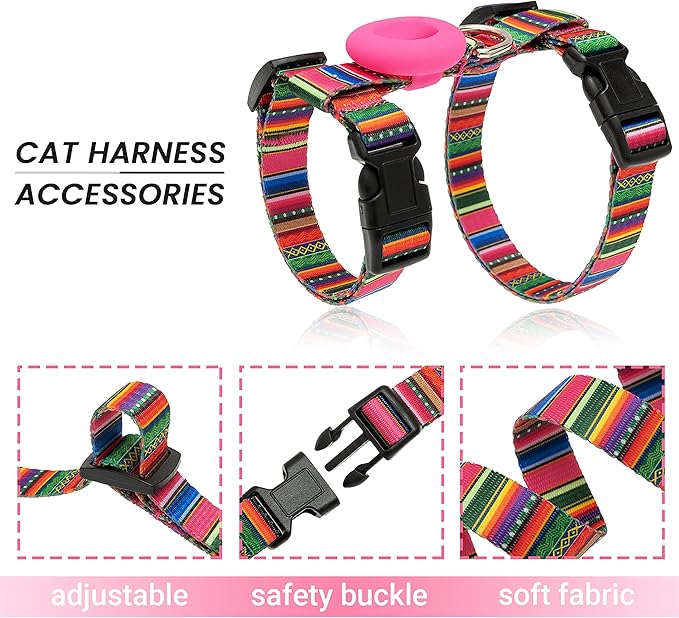 Cat Harness and Leash Escape Proof for Walking Travel Outdoor - Soft Nylon Adjustable Cute Cat Harness Leash Set with Airtag Holder for Small Medium Large Cats