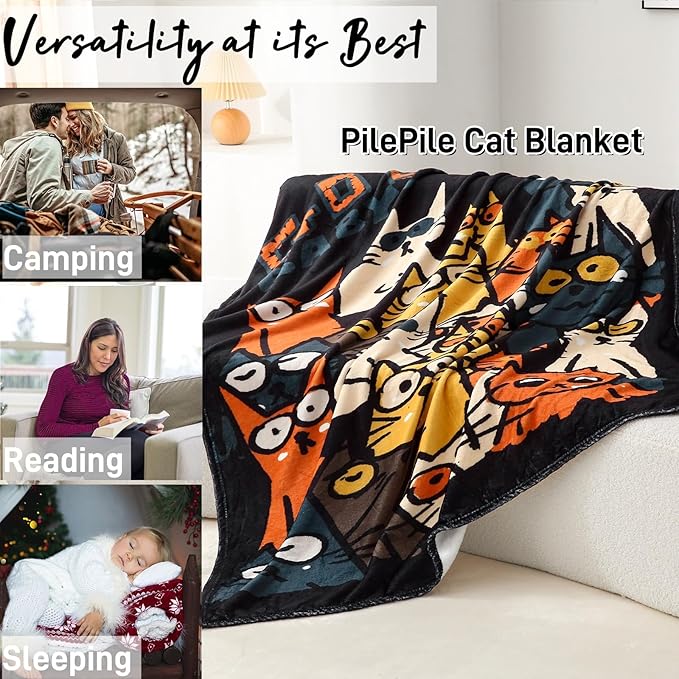 2025 Best Gift Cat Original Designer Throw Blanket, Warm Soft Cute Cat Lover Gifts for Women, Cat Mom Gifts for Cat Lovers, Funny Cat Themed Gifts Blanket for Kids, Birthday Christmas, Black