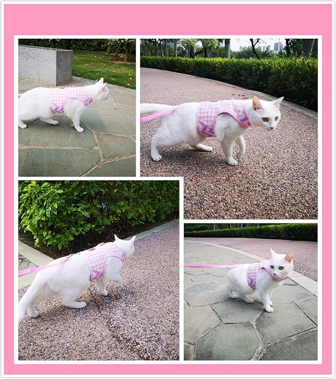 Cat Harness and Leash for Walking Escape Proof, Adjustable Cat Vest Harness, Padded Stylish Cat Walking Jackets, Pink Plaid, Small