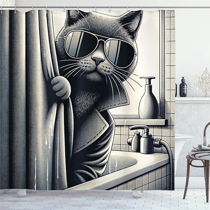 Ambesonne Cat Shower Curtain, Funny Kitty in Trench Coat Cool Detective Animal in a Bath Tub Monochrome Art, Cloth Fabric Bathroom Decor Set with Hooks, 69" W x 70" L, Dark Grey Pale Sepia